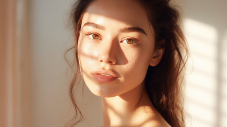 Closed up of beautiful young model face with nude make up on skin.の素材