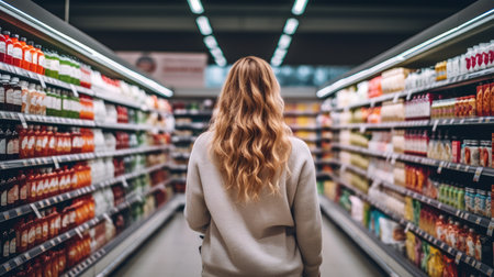 Woman shopping products in a grocery store consumer behavior.の素材