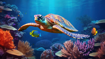 Sea Turtle in underwater world  with colorful coral and small fish.の素材