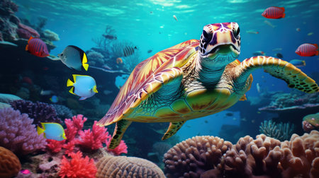 Sea Turtle in underwater world  with colorful coral and small fish.の素材
