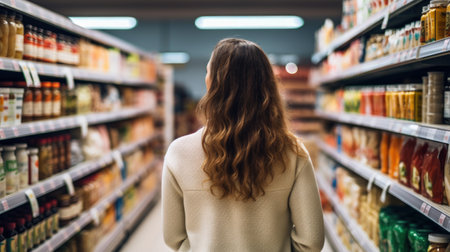 Woman shopping products in a grocery store consumer behavior.の素材