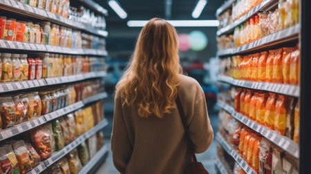 Woman shopping products in a grocery store consumer behavior.の素材