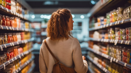 Woman shopping products in a grocery store consumer behavior.の素材