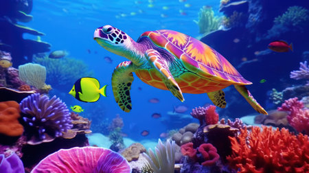Sea Turtle in underwater world  with colorful coral and small fish.の素材