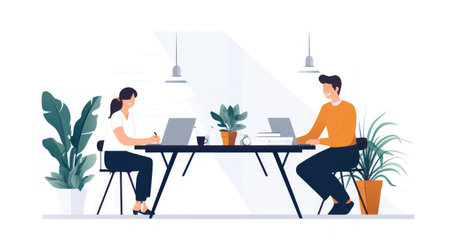 Business people employee in happy workspace minimal flat design on white background.の素材