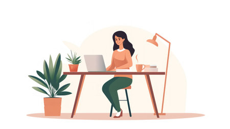 Business woman work in happy workspace flat design on white background.の素材