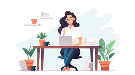 Business woman work in happy workspace flat design on white background.の素材