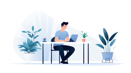 Business man work in happy workspace flat design on white background.の素材