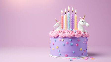 Birthday cake with lighten candle on table background.の素材