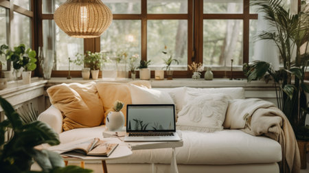 Laptop on table in cozy living room work space.の素材