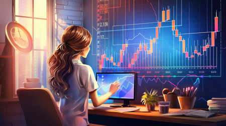 Woman working finance trade manager analyzing stock future market illustrationの素材