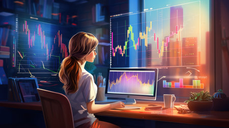 Woman working finance trade manager analyzing stock future market illustrationの素材
