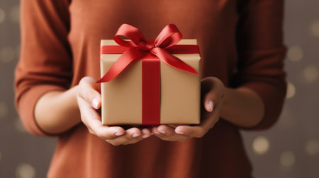 Closed up of woman hand hold a gift in Holiday festive season.の素材