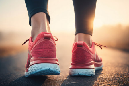 Closed up of running shoe on running court morning sunrise background. New year new start concept.の素材