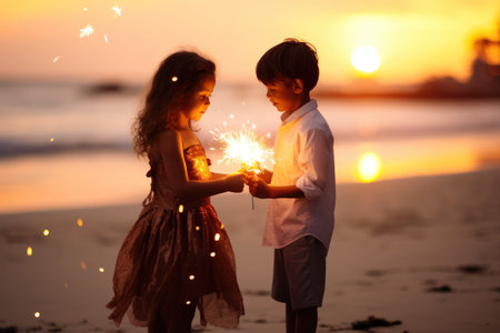 Kids play sparklers  at sunset beach background.の素材