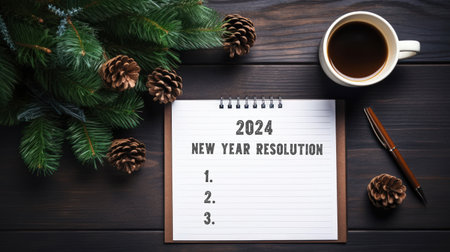 Hand write down 2024 new year resolution on blank notebook.の素材