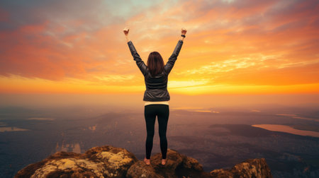 Woman rise hand up to sky on mountain view.の素材