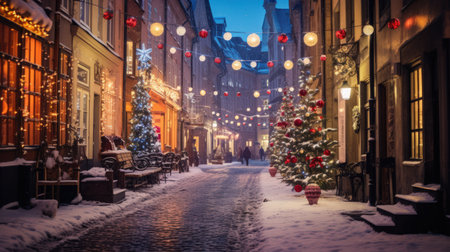 Beautiful Christmas lighting in small town building with snow.の素材