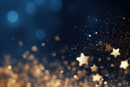 Abstract gold bokeh and shimmer on dark blue background.の素材