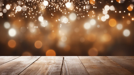 Empty wooden board on bokeh light background.の素材