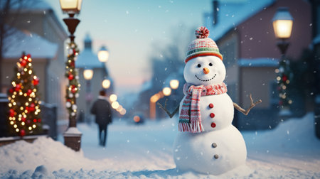 Closed up of snow man on Christmas vibe background.の素材