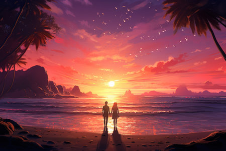 illustration of young couple at sunset beach.の素材