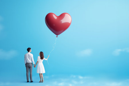 Couple holding hand and heart shape of balloon on blue background.の素材