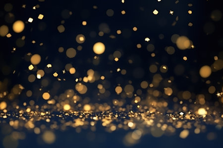 Abstract gold bokeh and shimmer on dark blue background.の素材