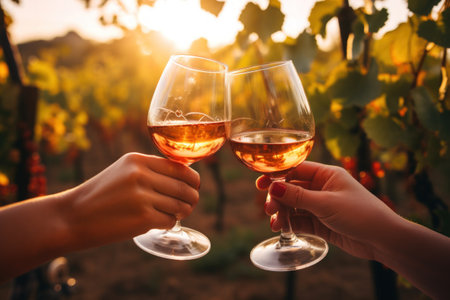 Hands friends celebrate dinner party toasting wine glasses.の素材