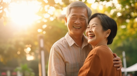 Elder Asian couple protrait happy smile on nature background.の素材