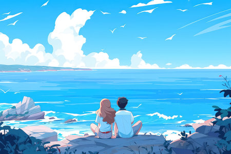 Cute couple illustration on vacation at beach.の素材