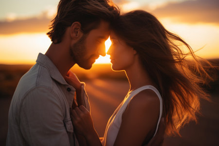 Young couple kissing in romance at sunset viewの素材