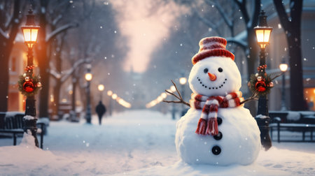 Closed up of snow man on Christmas vibe background.の素材