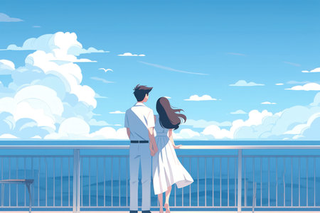 Cute couple illustration on vacation at beach.