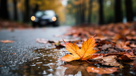 Selective focus of maple leaf on road in autumn season.の素材