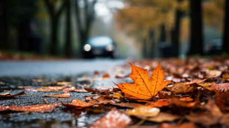 Selective focus of maple leaf on road in autumn season.の素材
