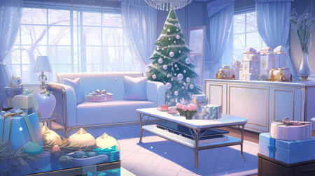 Winter season holiday beautiful cozy home environment cute illustration.の素材