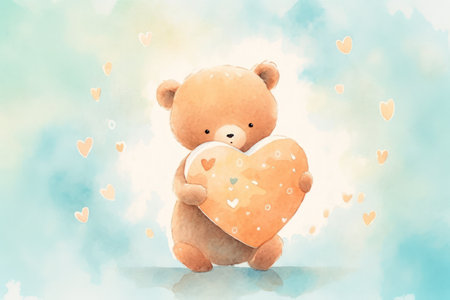 Cute bear hold cookie heart shape box with love sign.の素材