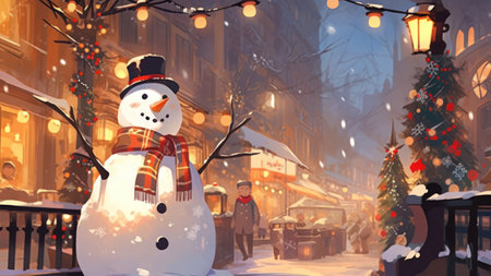 Closed up of snow man on Christmas vibe background.の素材
