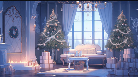 Winter season holiday beautiful cozy home environment cute illustration.の素材