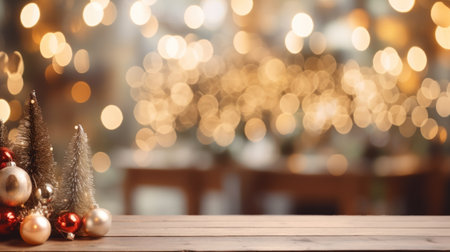 Empty wooden board on bokeh light background.の素材