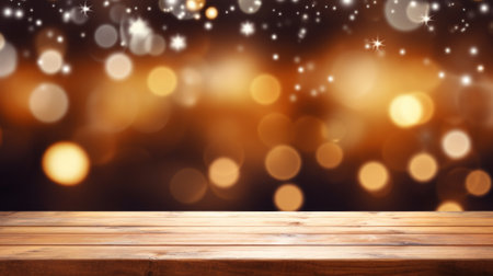 Empty wooden board on bokeh light background.の素材