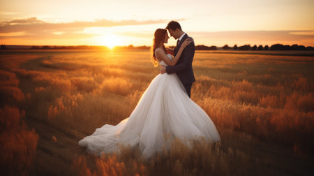 Prewedding shoot young couple at beautiful field sunset sky.の素材