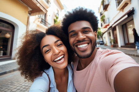 Young couple do selfie while vacation in city.の素材