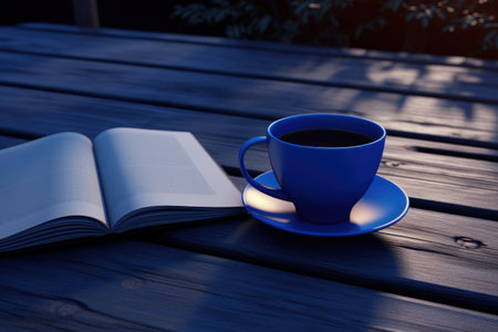 Blue cup of coffee with blue notebook Blue monday concept.の素材