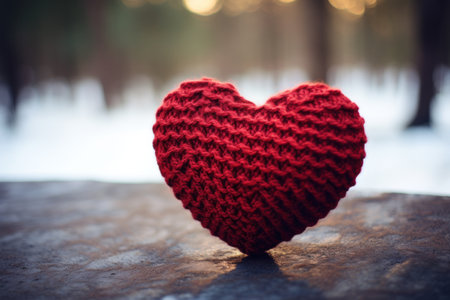 Beautiful Knitted red heart shape on background.の素材