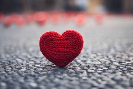 Beautiful Knitted red heart shape on background.の素材