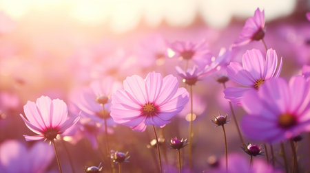 Landscape of pink flower field with sun light bokeh background.の素材