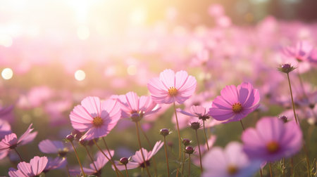 Landscape of pink flower field with sun light bokeh background.の素材
