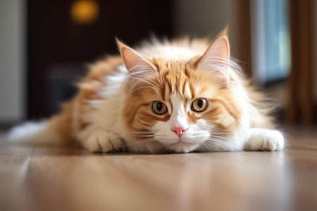 Cute cat lie down on floor with plant background.の素材